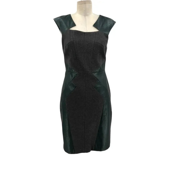Rickie‎ Freeman for Teri Jon Faux Leather Accent Charcoal Sheath Dress Size 8 - Picture 1 of 12